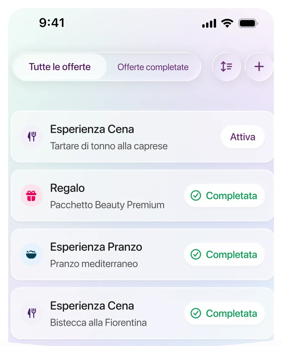 Gestisci le tue offerte — schermata dell'app Rumoo