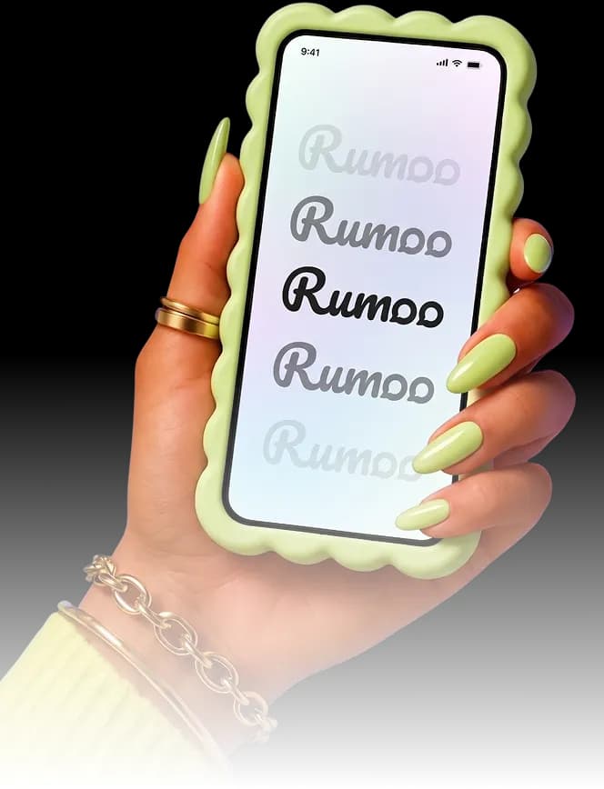Hand holding a phone with the Rumoo app